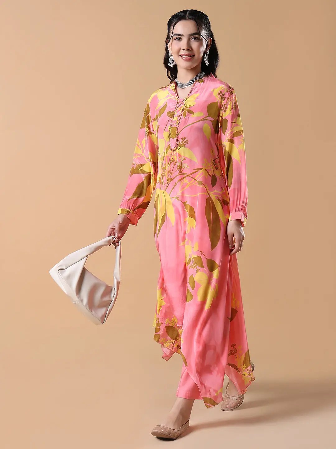 Women's Floral Asymmetric A-Line Pink Kurta Set