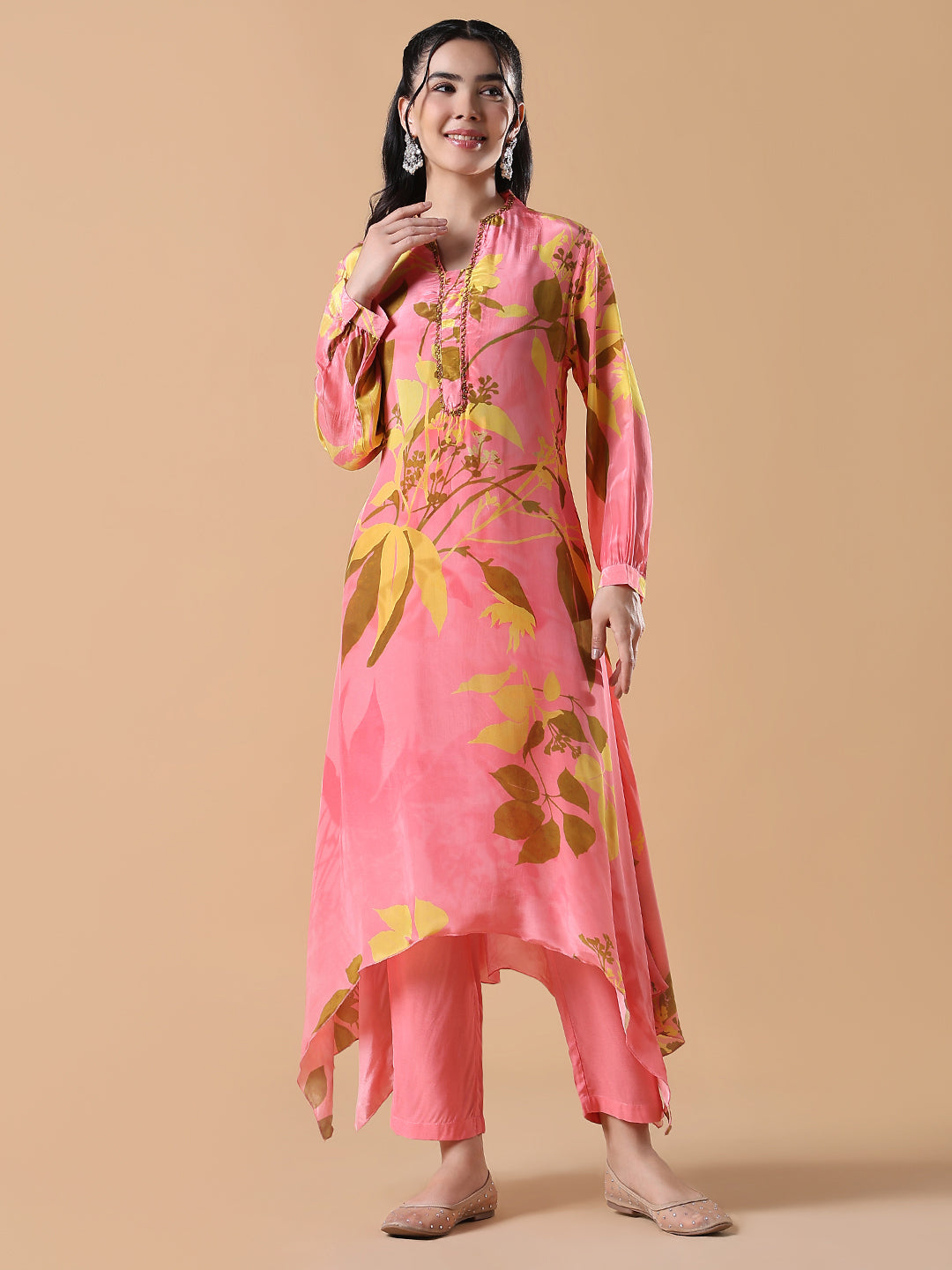 Women's Floral Asymmetric A-Line Pink Kurta Set