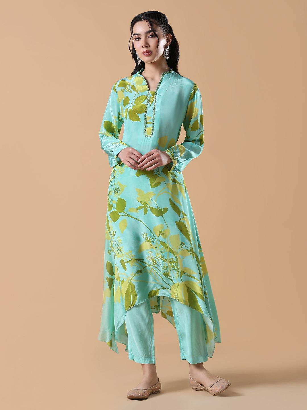Women's Floral Asymmetric A-Line Green Kurta Set