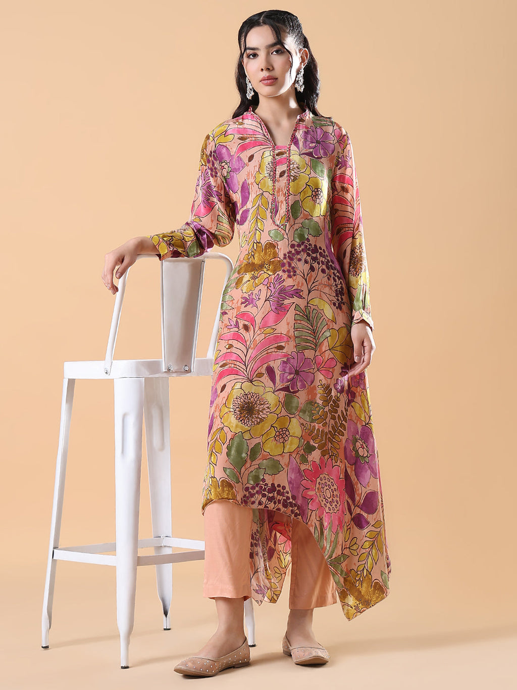 Women's Multicolored Floral A-Line Peach Kurta Set