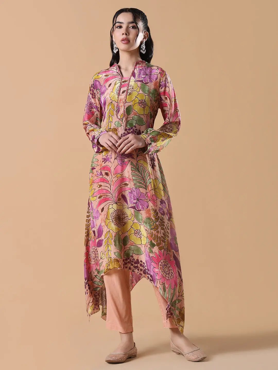 Women's Multicolored Floral A-Line Peach Kurta Set