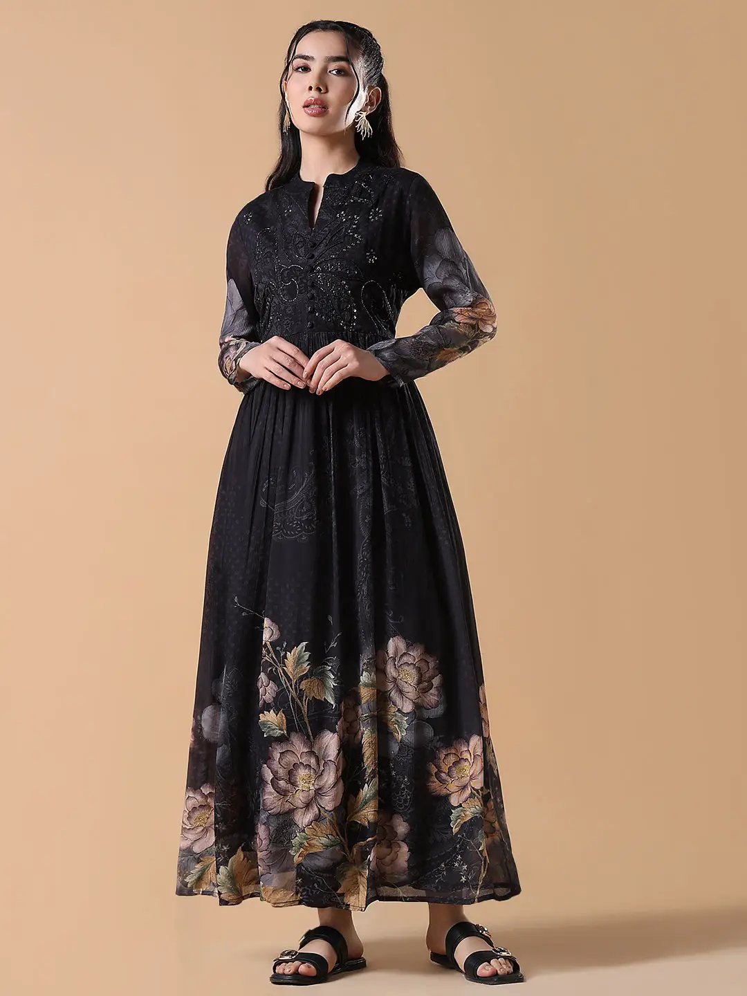 Women's Black Floral Cotton Anarkali Kurta