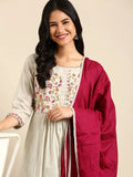 Women's Sea Green Floral Embroidered Layered Thread Work Kurta Set With Dupatta