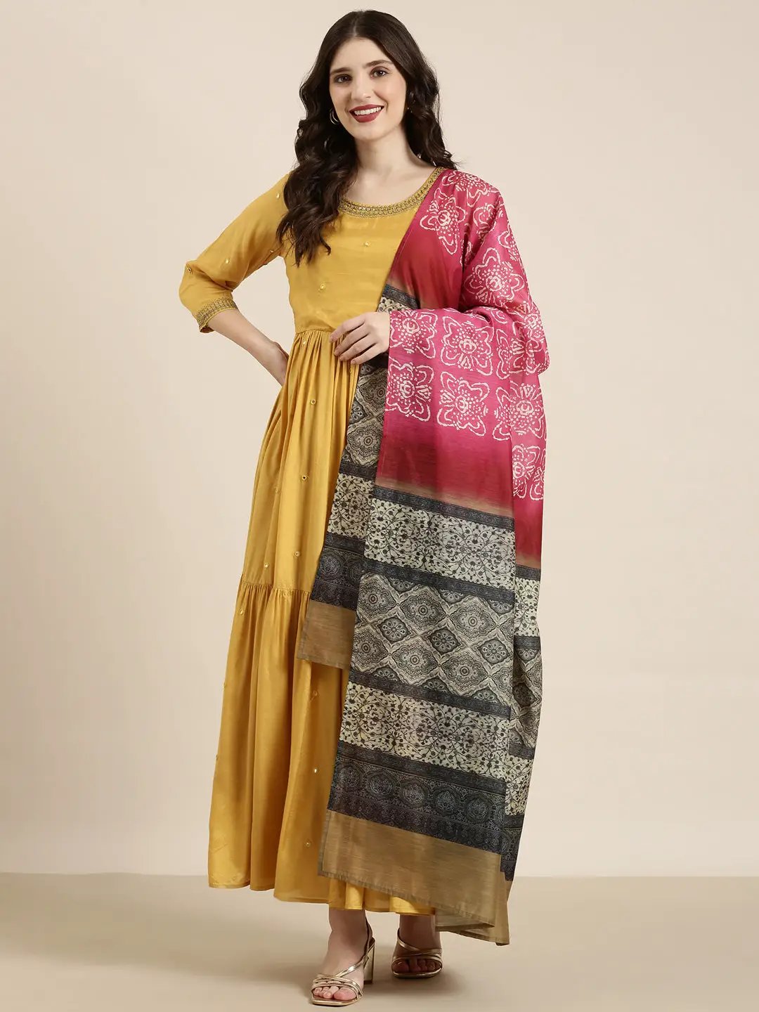 Women's Mustard Embellished Mirror Work Sequinned Anarkali Kurta with Dupatta