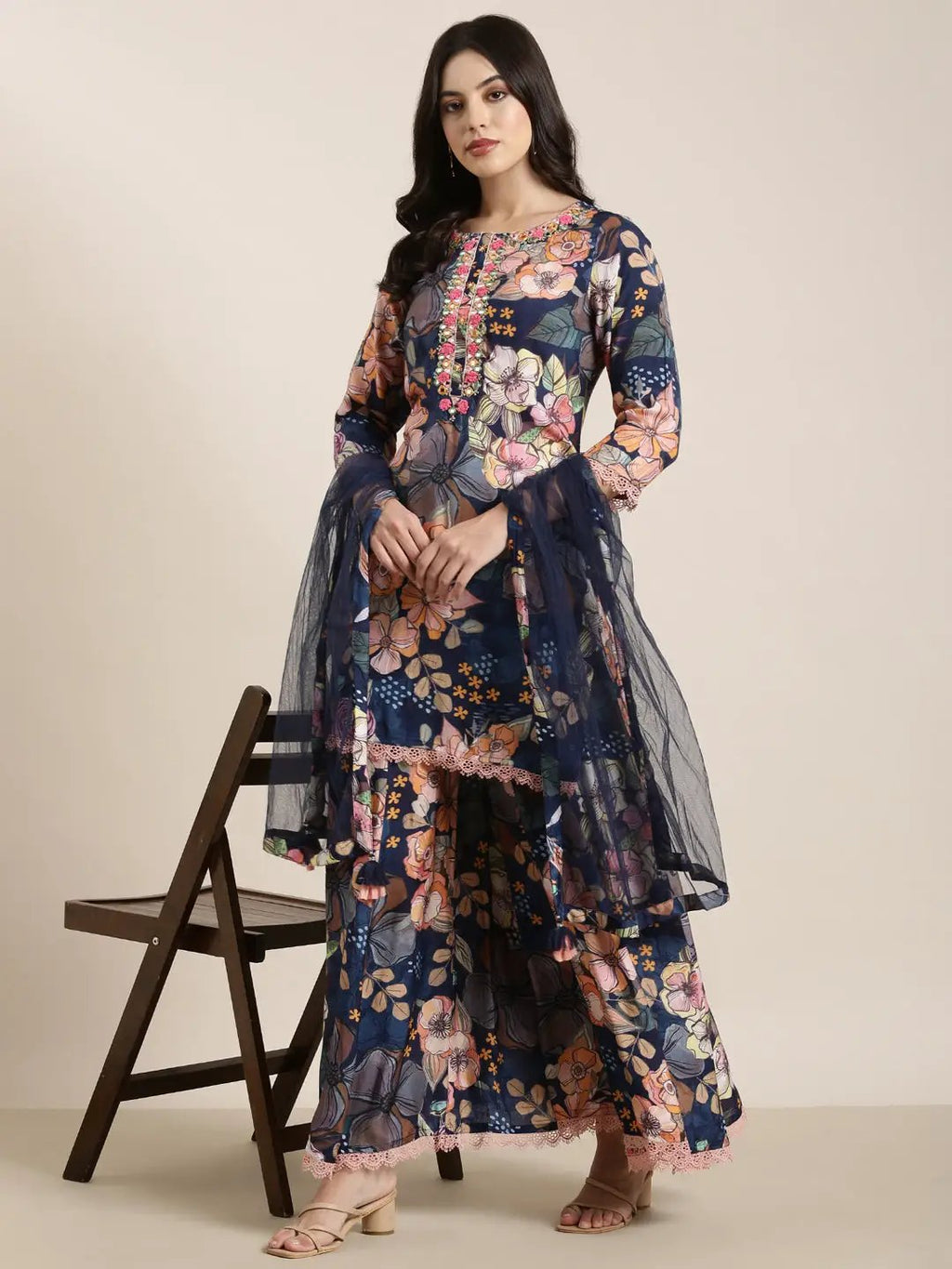 Women's Straight Navy Blue Floral Kurta Sets with Trousers & Dupatta