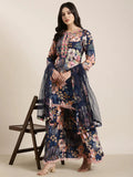 Women's Straight Navy Blue Floral Kurta Sets with Trousers & Dupatta