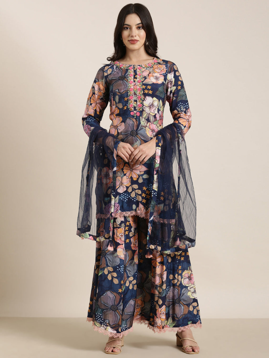 Women's Straight Navy Blue Floral Kurta Sets with Trousers & Dupatta