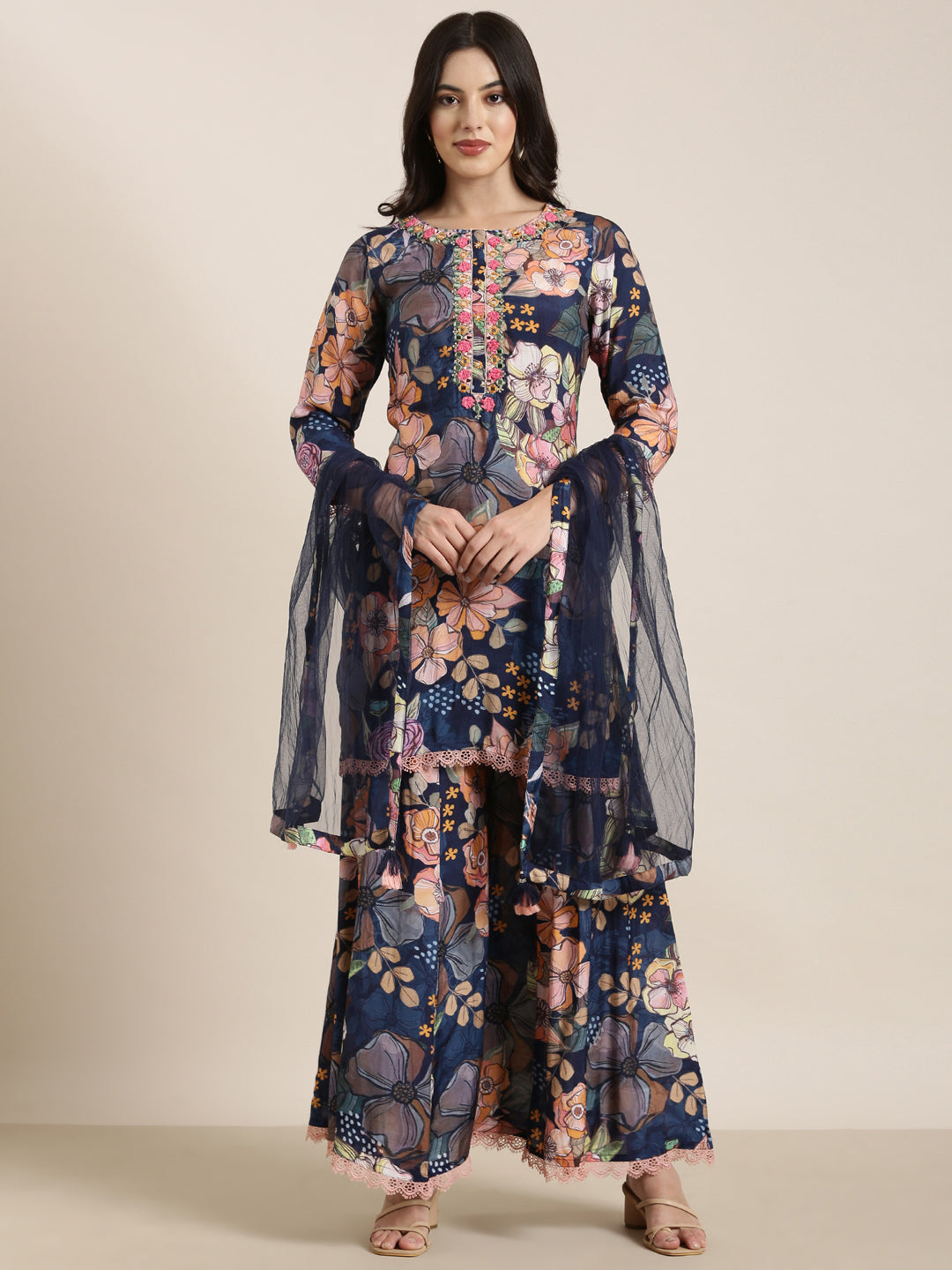 Women's Straight Navy Blue Floral Kurta Sets with Trousers & Dupatta