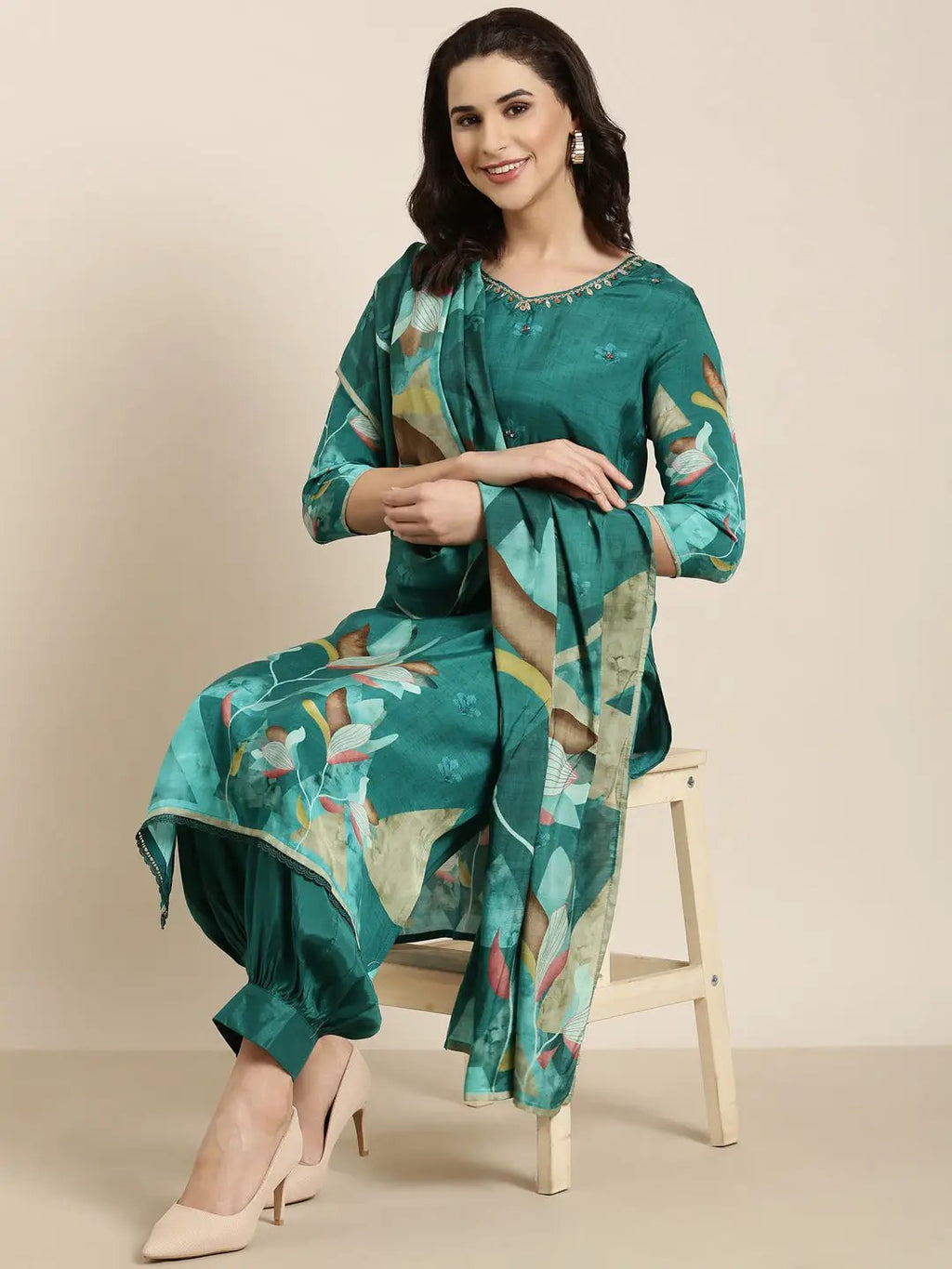 Women's Straight Teal Floral Kurta Sets with Patiala & Dupatta