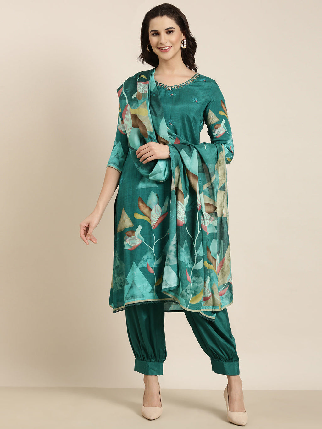 Women's Straight Teal Floral Kurta Sets with Patiala & Dupatta