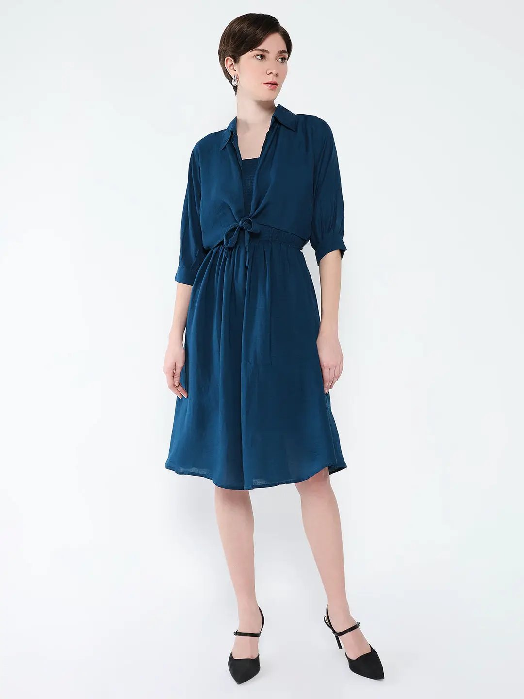 Women's Teal Solid Crepe Fit & Flare Dress