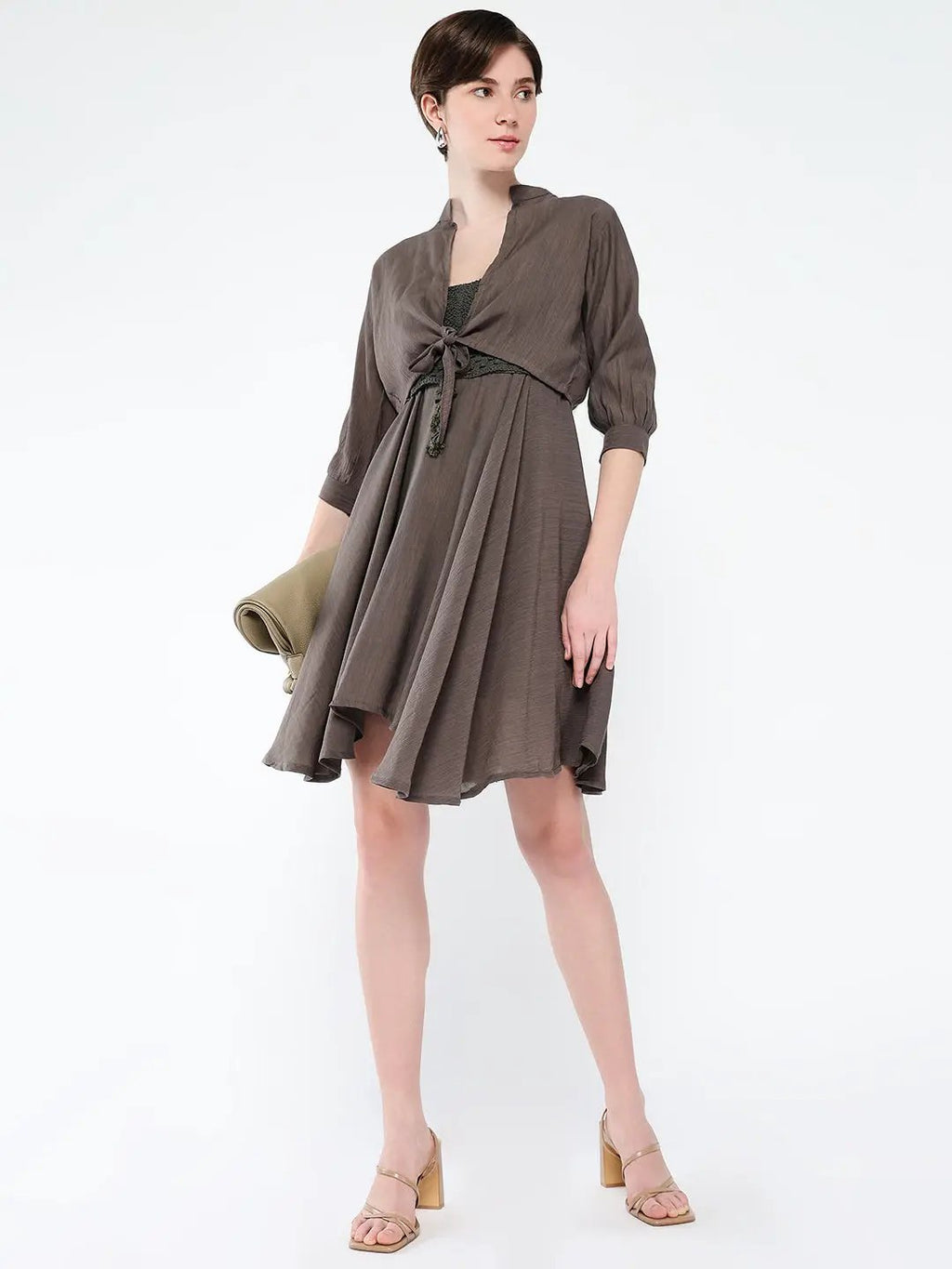 Women's Casual Solid Olive Fit and Flare Dress with Shrug