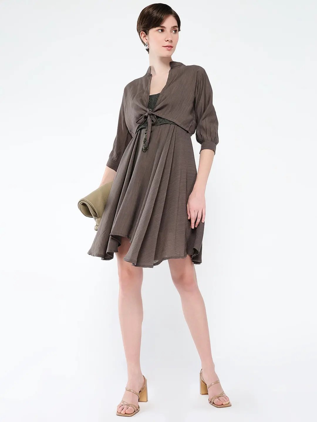 Women's Casual Solid Olive Fit and Flare Dress with Shrug