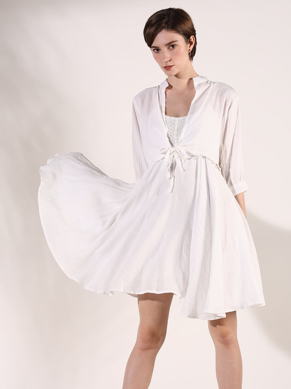 Women's White Solid Fit and Flare Dress with Shrug