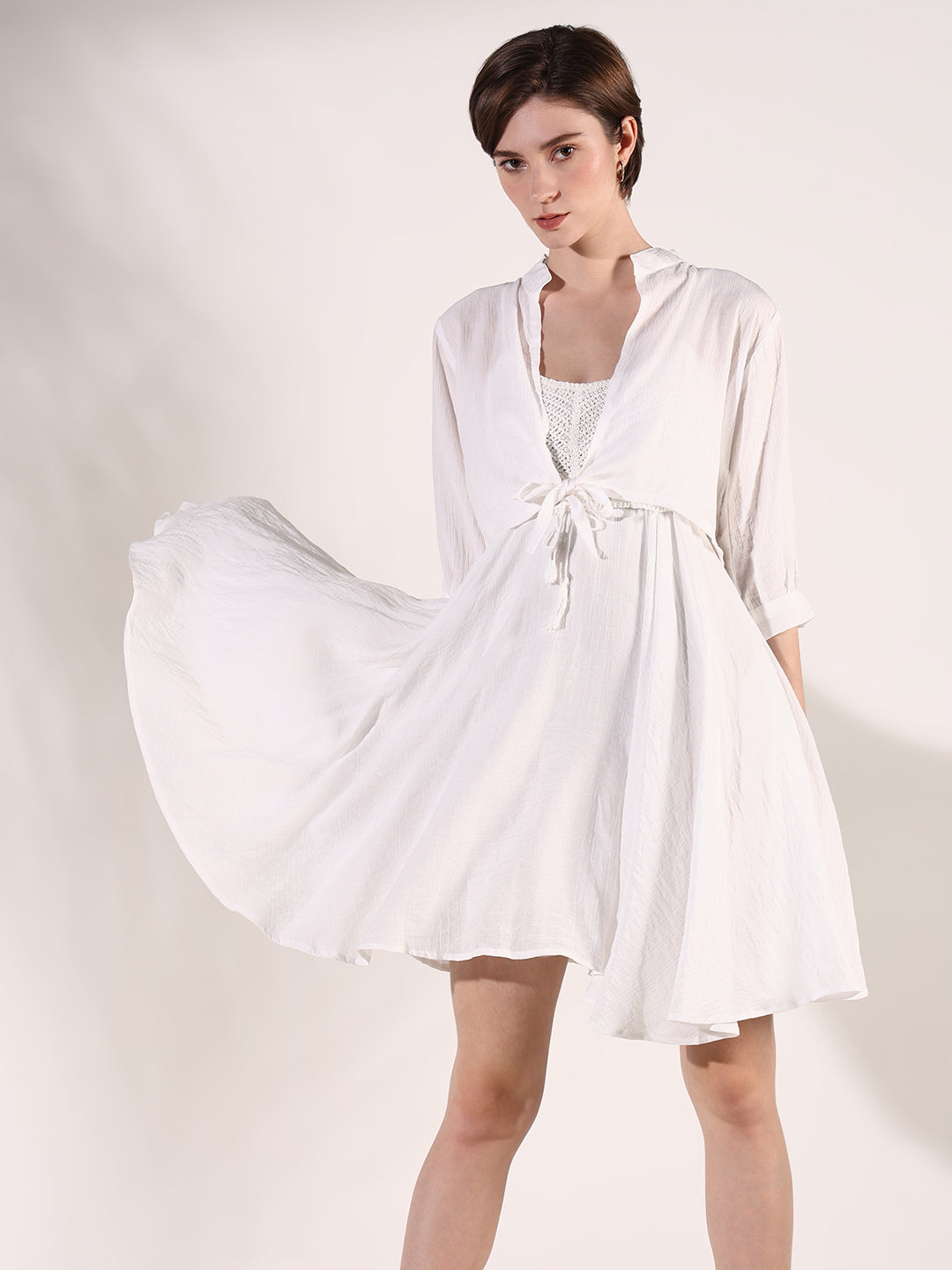 Women's White Solid Fit and Flare Dress with Shrug