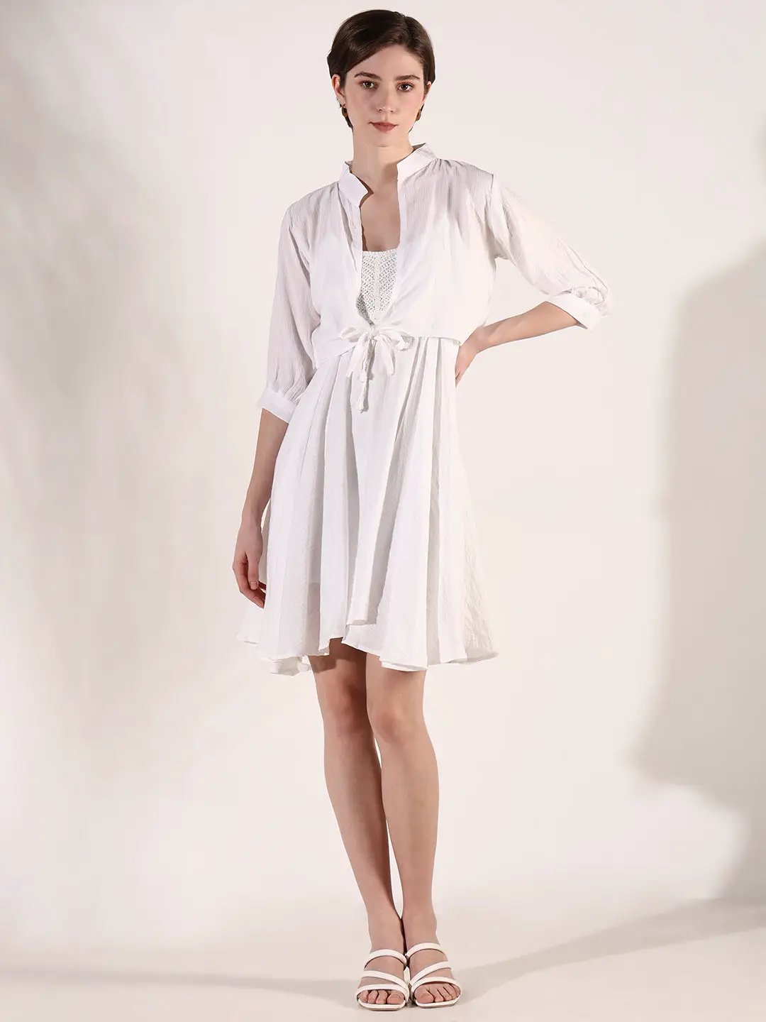Women's White Solid Fit and Flare Dress with Shrug