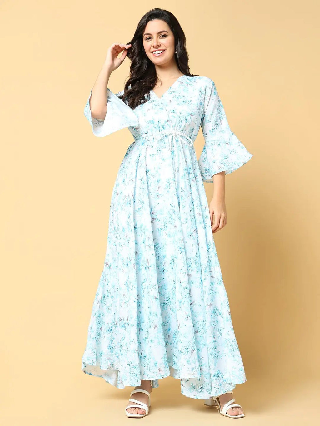 Women's Blue Floral Printed V-neck Bell Sleeve Fit & Flare Maxi Dress