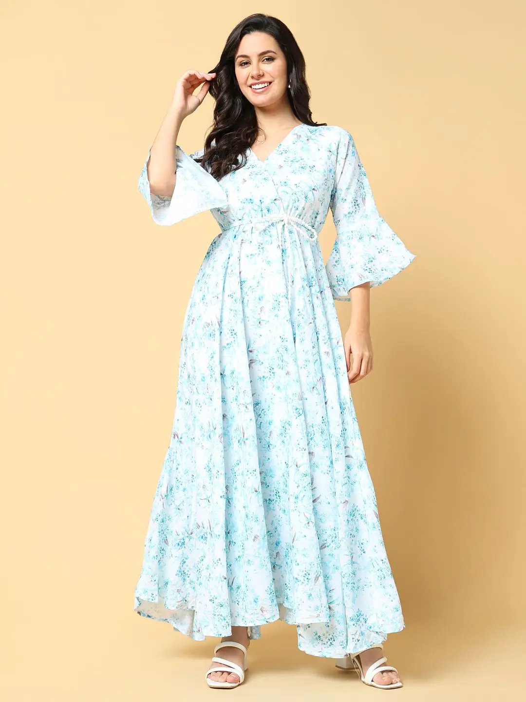Women's Blue Floral Printed V-neck Bell Sleeve Fit & Flare Maxi Dress