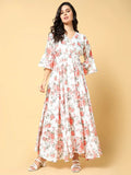 Women's Orange Floral Printed Bell Sleeves Fit and Flare Maxi Dress