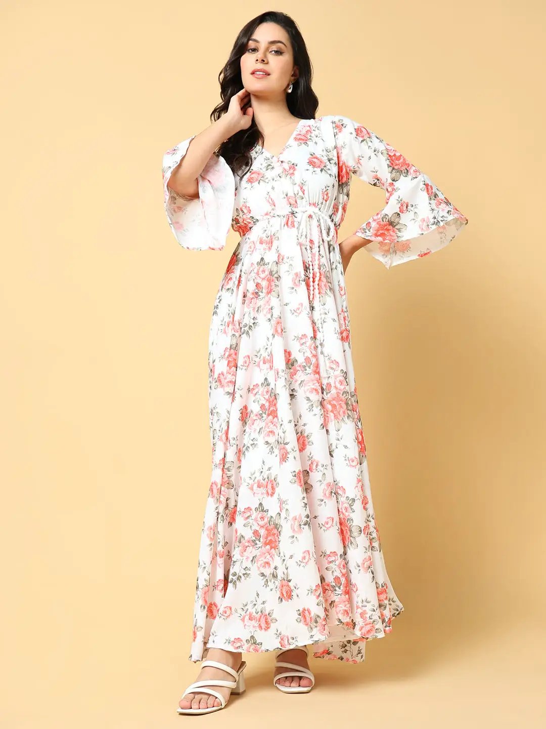 Women's Orange Floral Printed Bell Sleeves Fit and Flare Maxi Dress