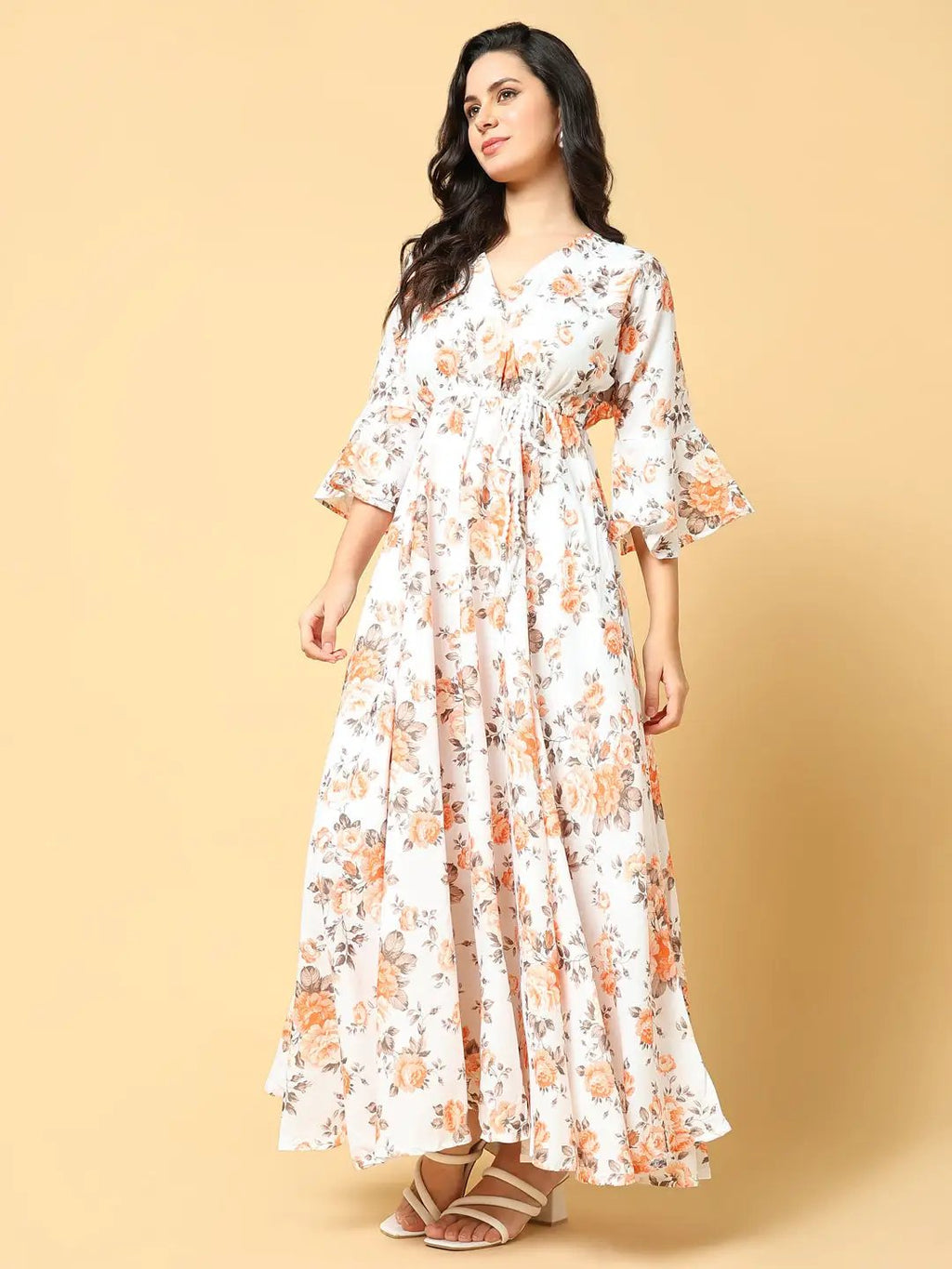 Women's Orange Floral Print Bell Sleeve Fit & Flare Maxi Dress