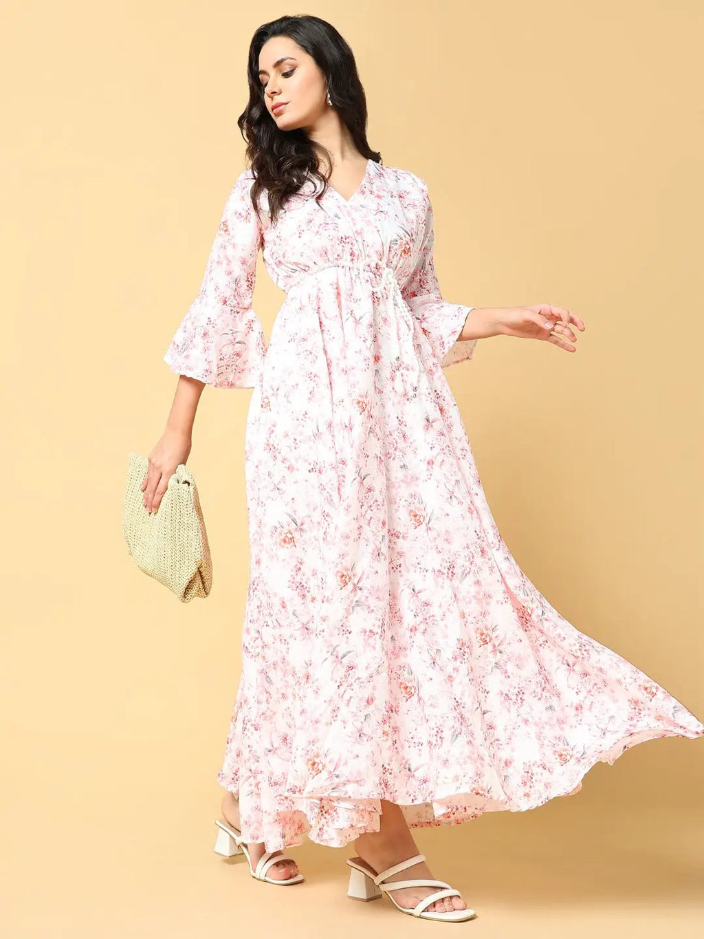 Women's Peach Floral Print Bell Sleeve Fit & Flare Maxi Dress