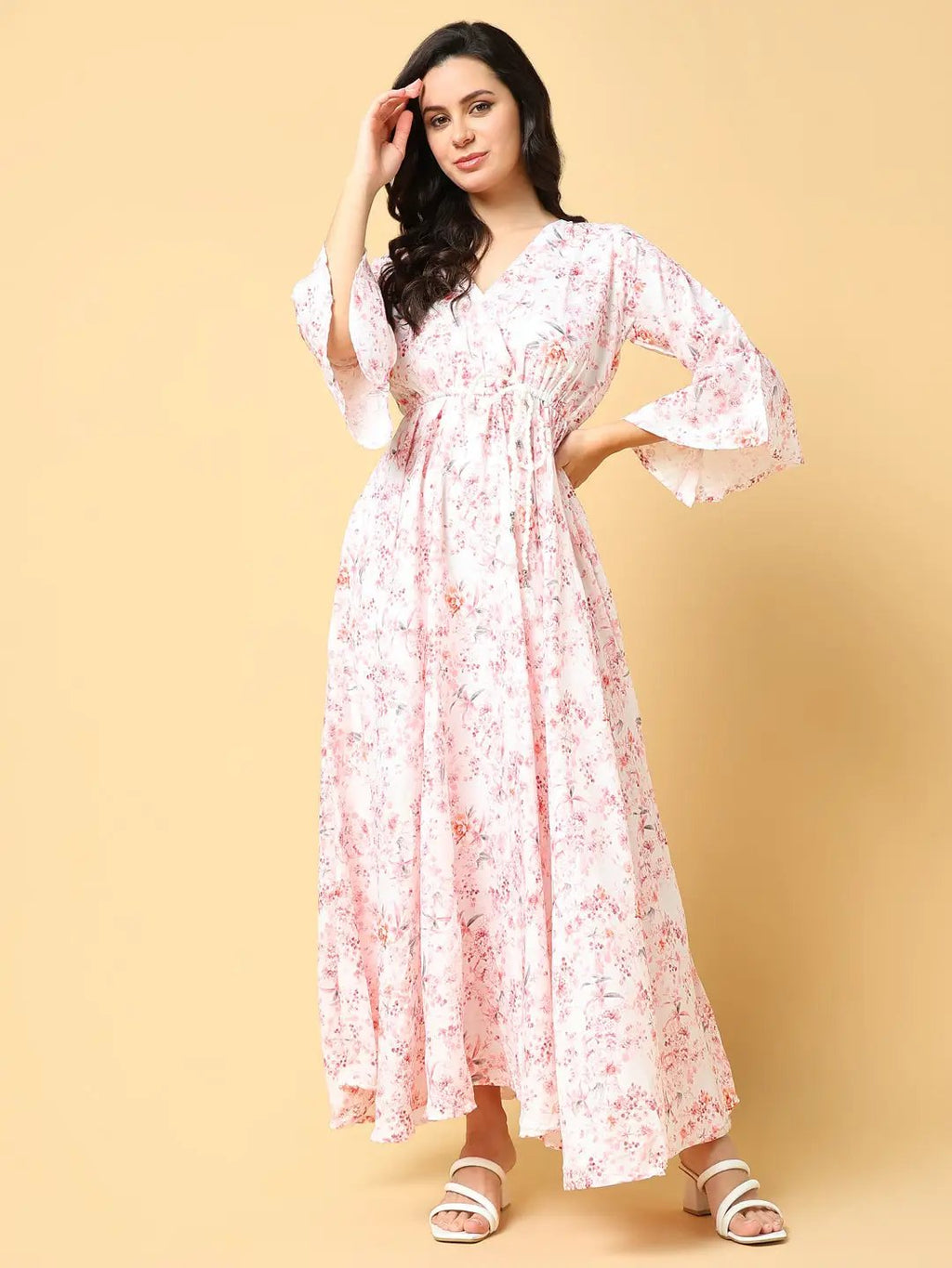 Women's Peach Floral Print Bell Sleeve Fit & Flare Maxi Dress