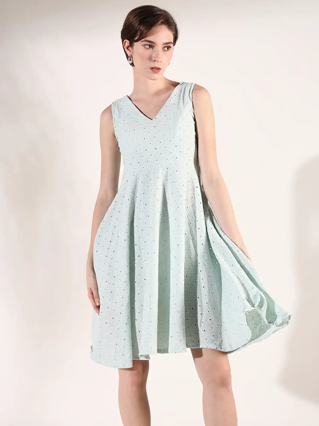 Women's Green Cotton Embroidered Fit & Flare Dress