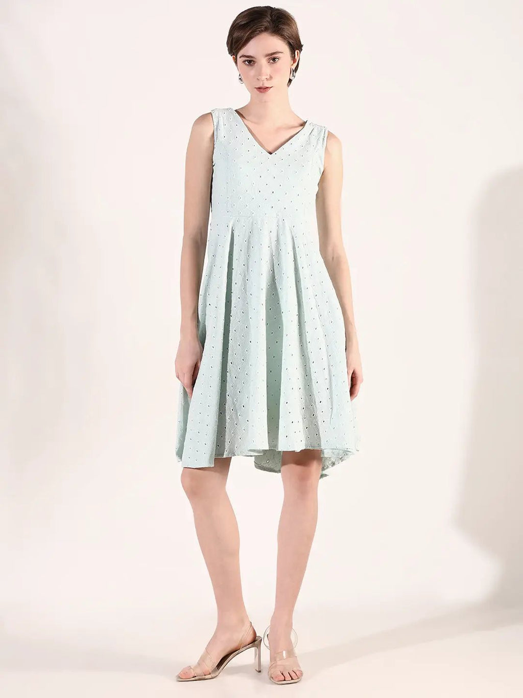 Women's Green Cotton Embroidered Fit & Flare Dress