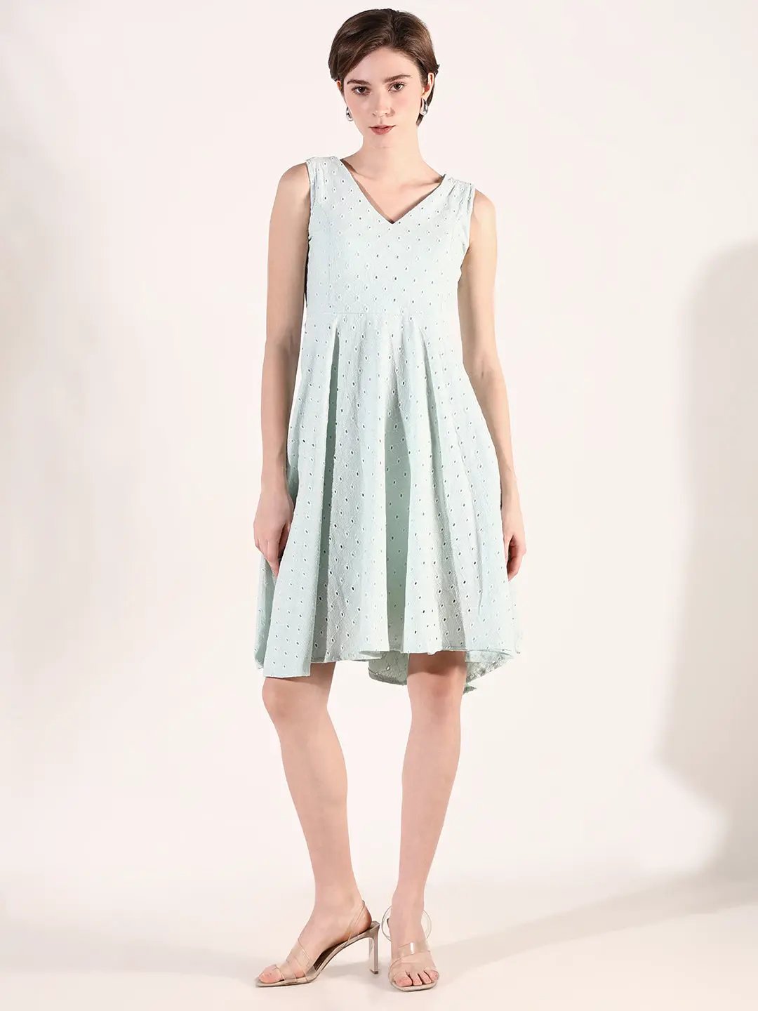 Women's Green Cotton Embroidered Fit & Flare Dress