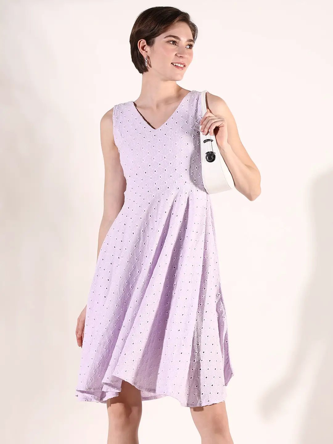 Women's Purple Schiffli Fit & Flare Dress
