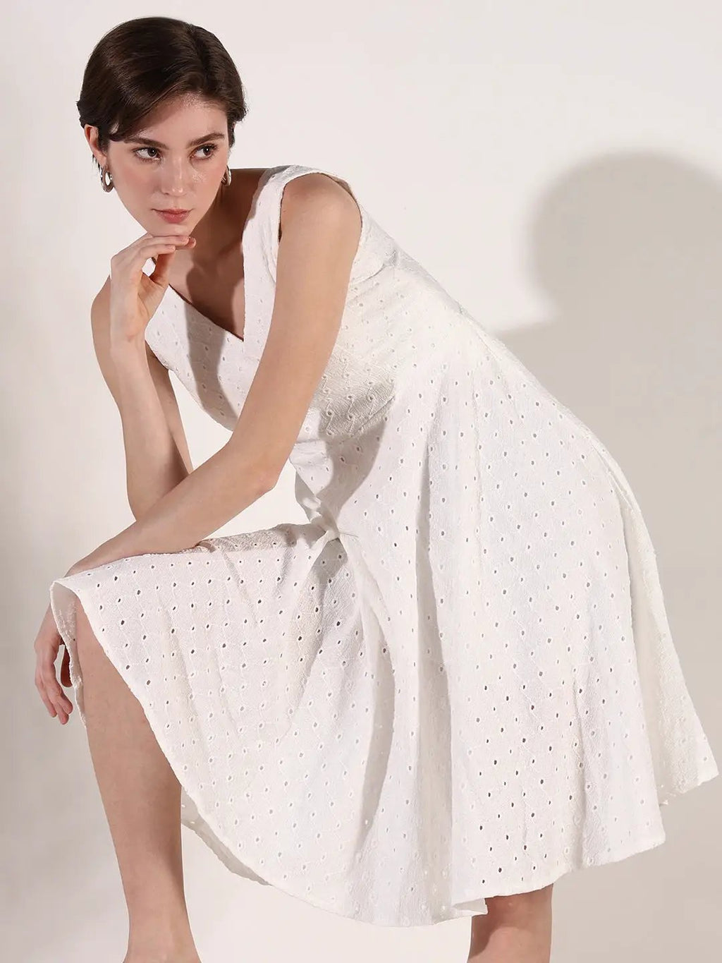 Women's White Schiffli Fit & Flare Dress