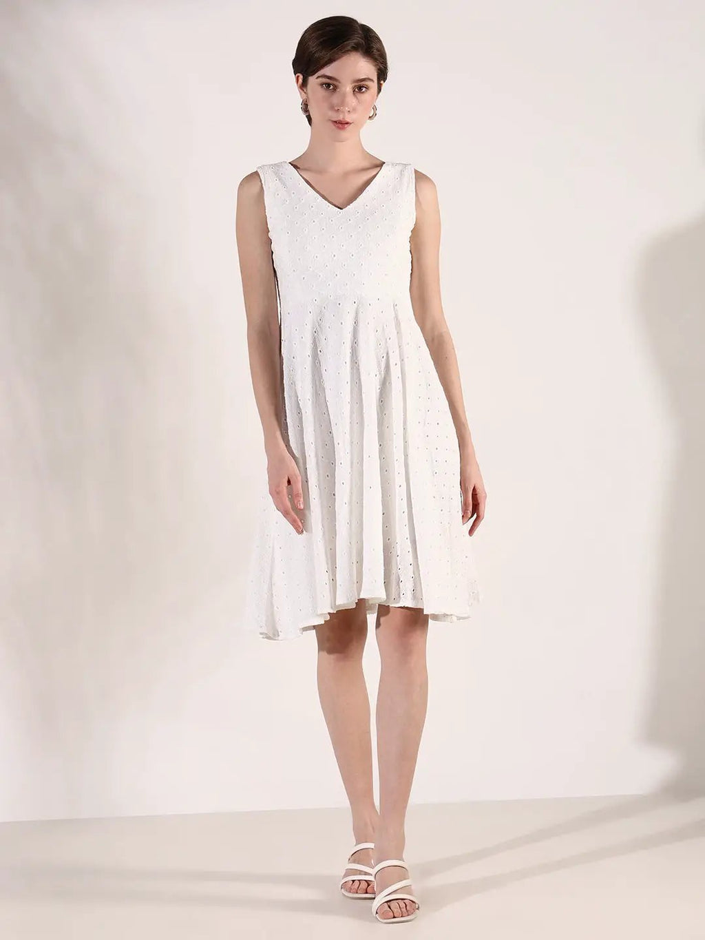 Women's White Schiffli Fit & Flare Dress