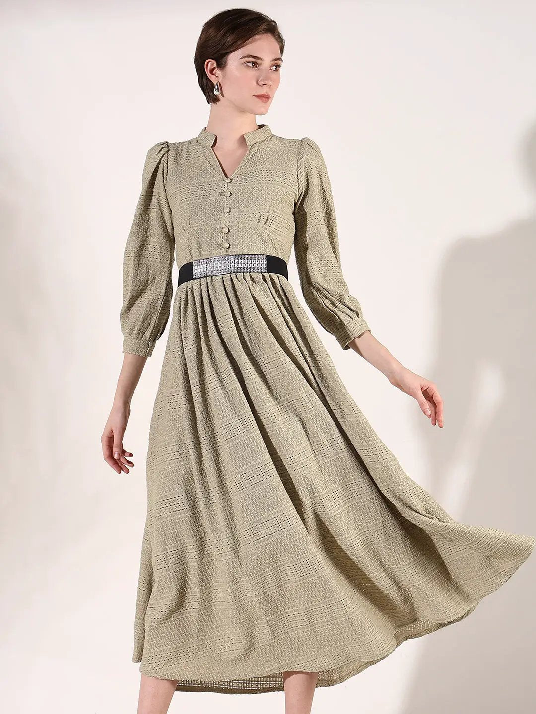 Women's Green Solid Fit and Flare Dress with Belt