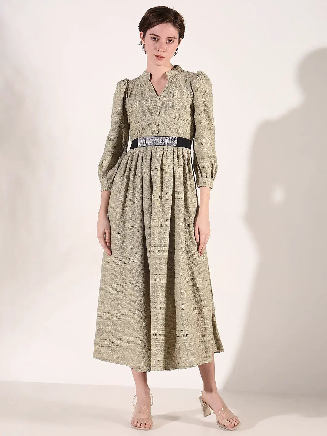 Women's Green Solid Fit and Flare Dress with Belt