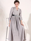 Women's Grey Solid Fit and Flare Dress with Belt