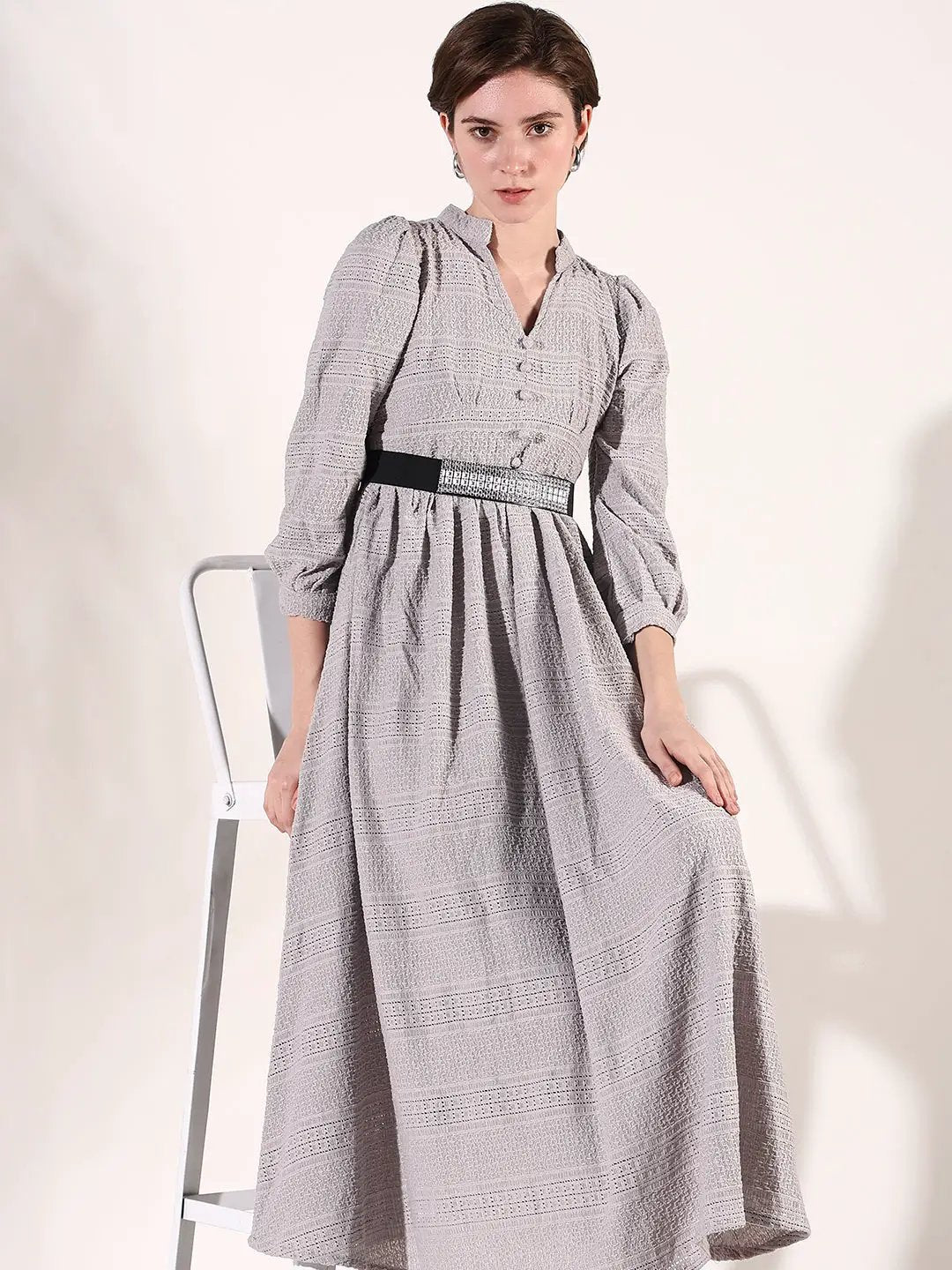 Women's Grey Solid Fit and Flare Dress with Belt