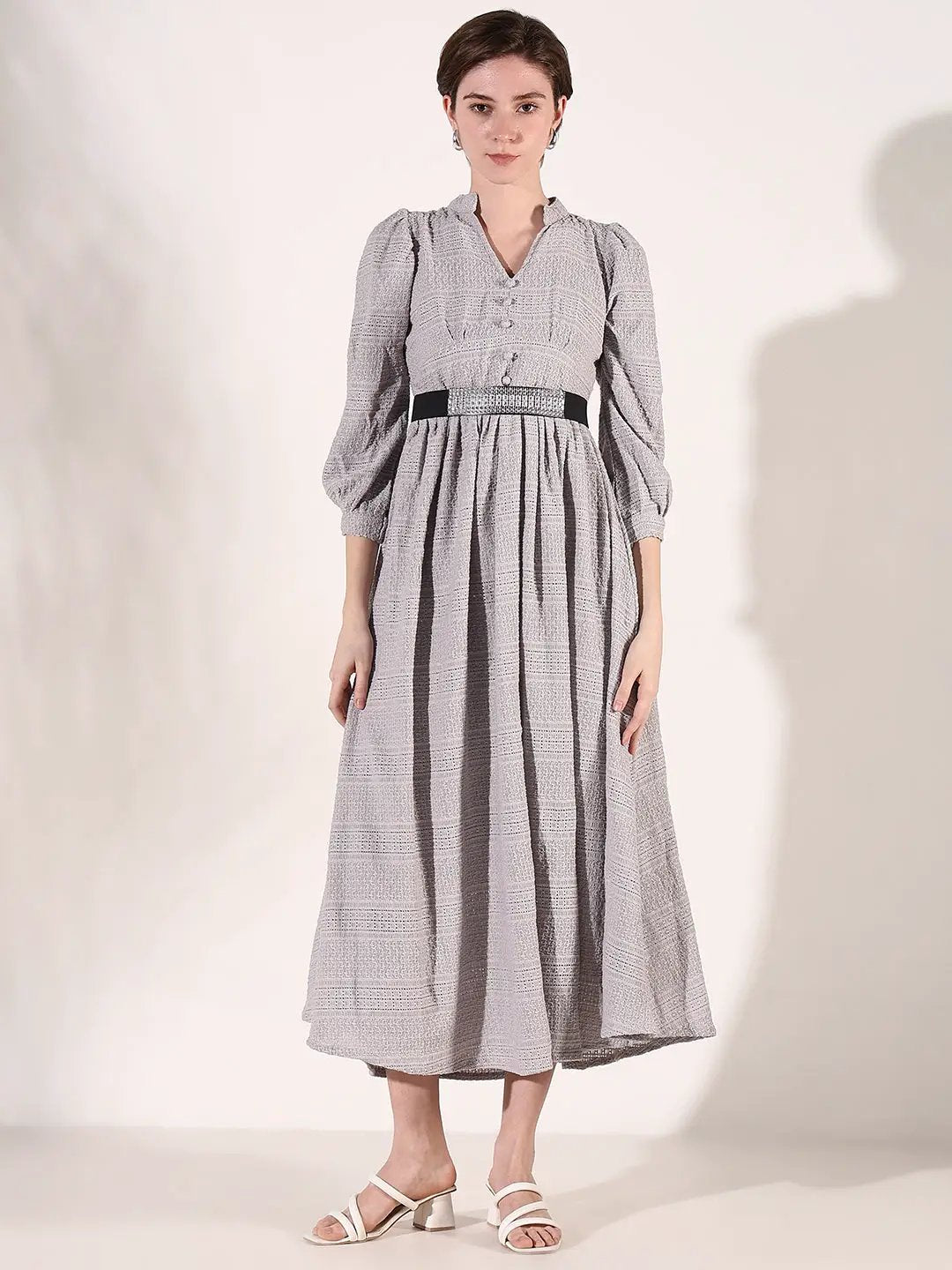 Women's Grey Solid Fit and Flare Dress with Belt