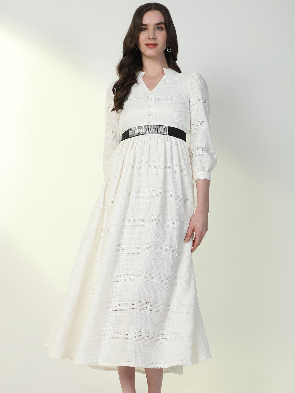 Women's Solid White Flared Dress with Belt