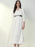 Women's Solid White Flared Dress with Belt