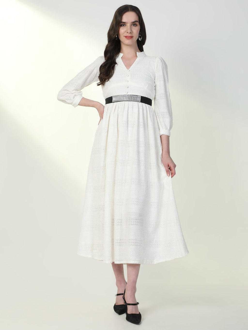 Women's Solid White Flared Dress with Belt