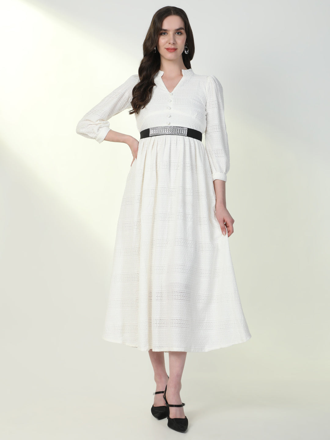Women's Solid White Flared Dress with Belt