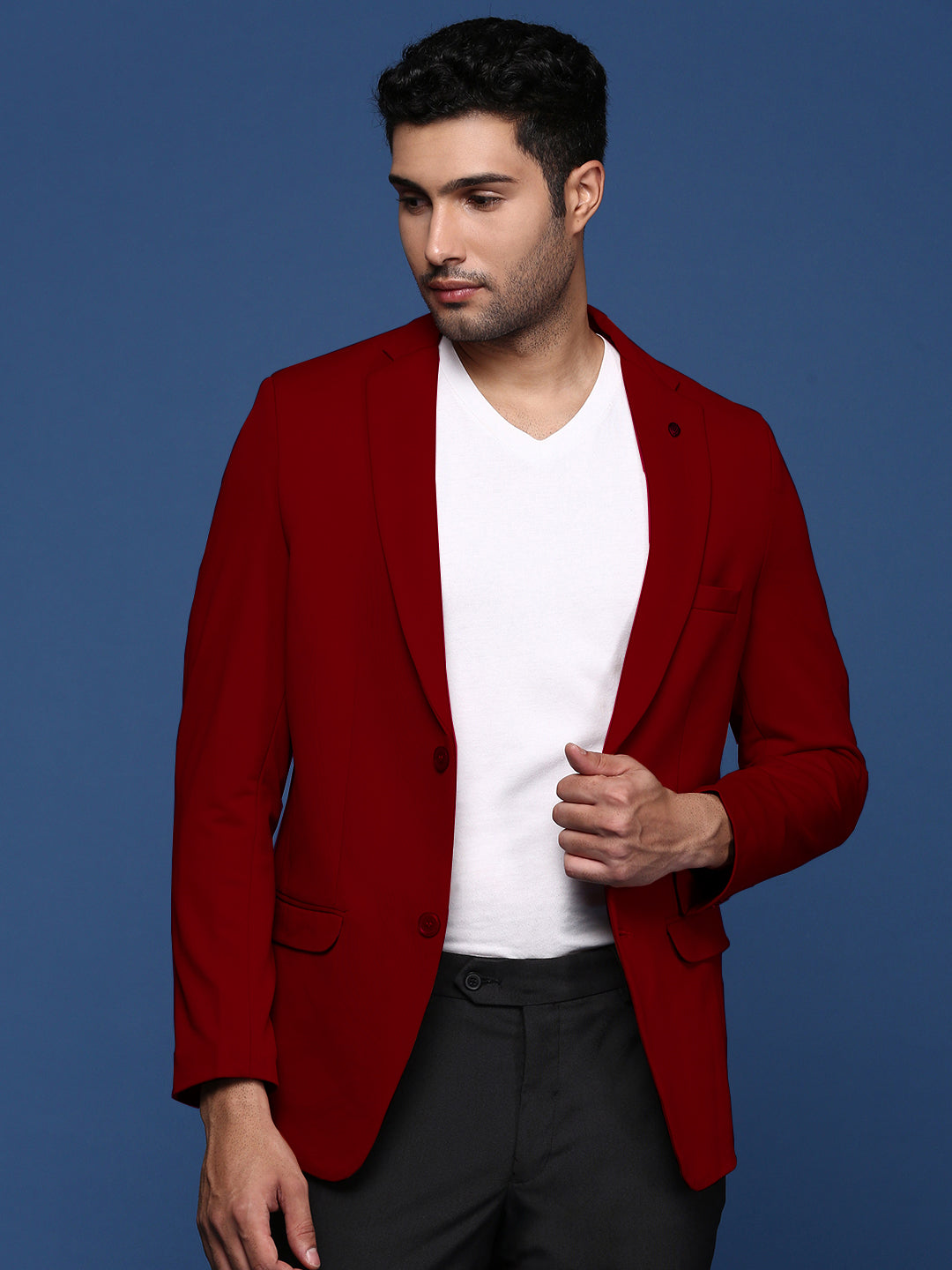Men's Burgundy Solid Single Breasted Blazer