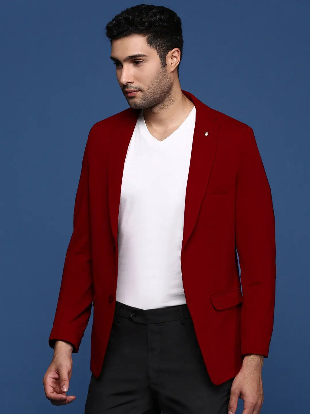 Men's Burgundy Solid Single Breasted Blazer