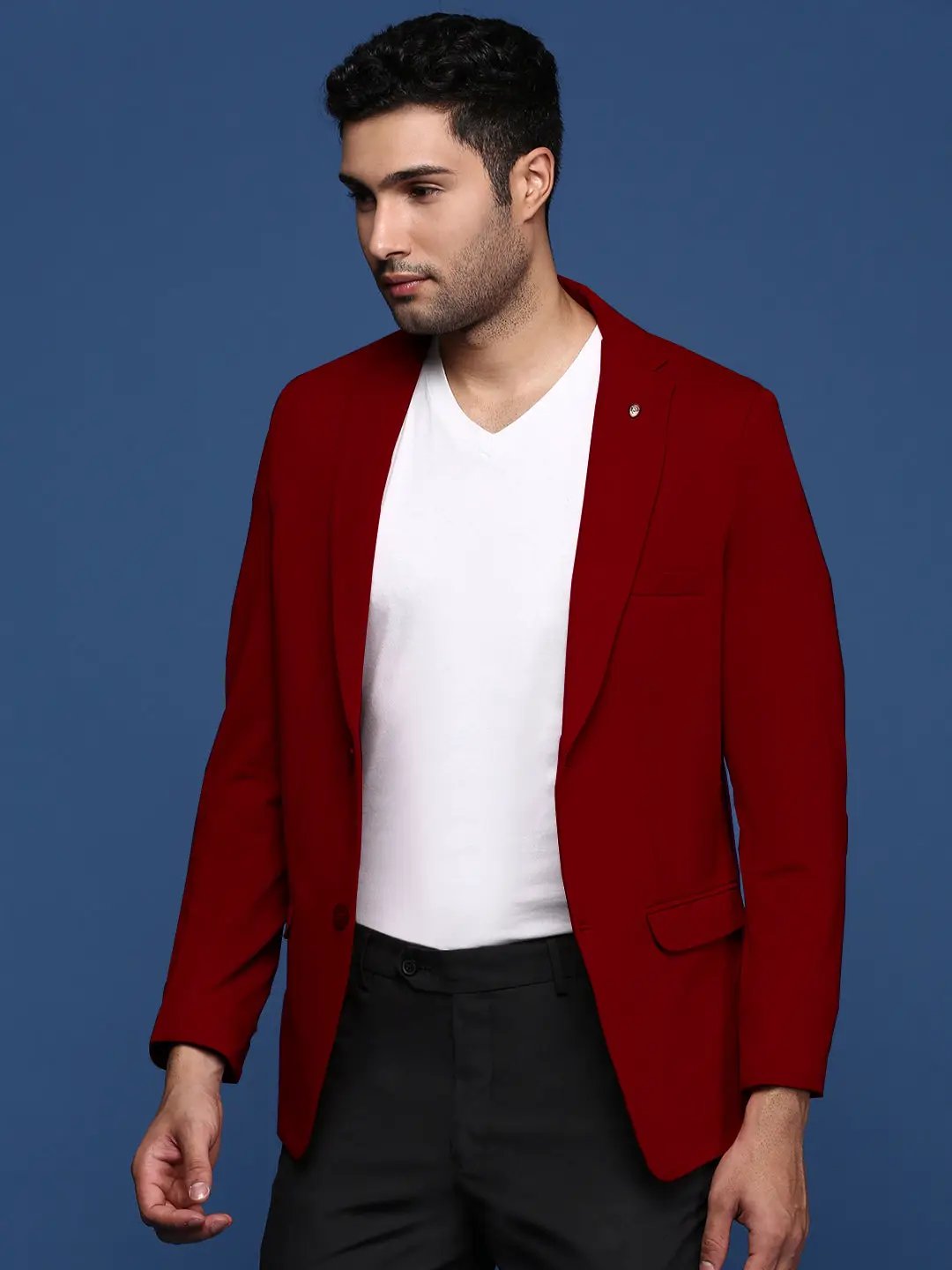 Men's Burgundy Solid Single Breasted Blazer