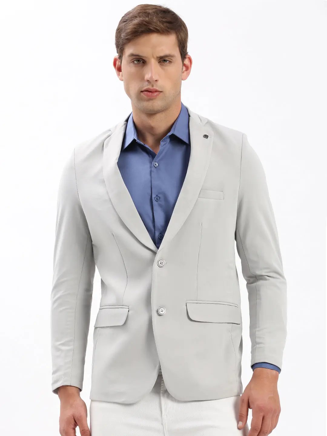 Men's Grey Solid Single Breasted Blazer