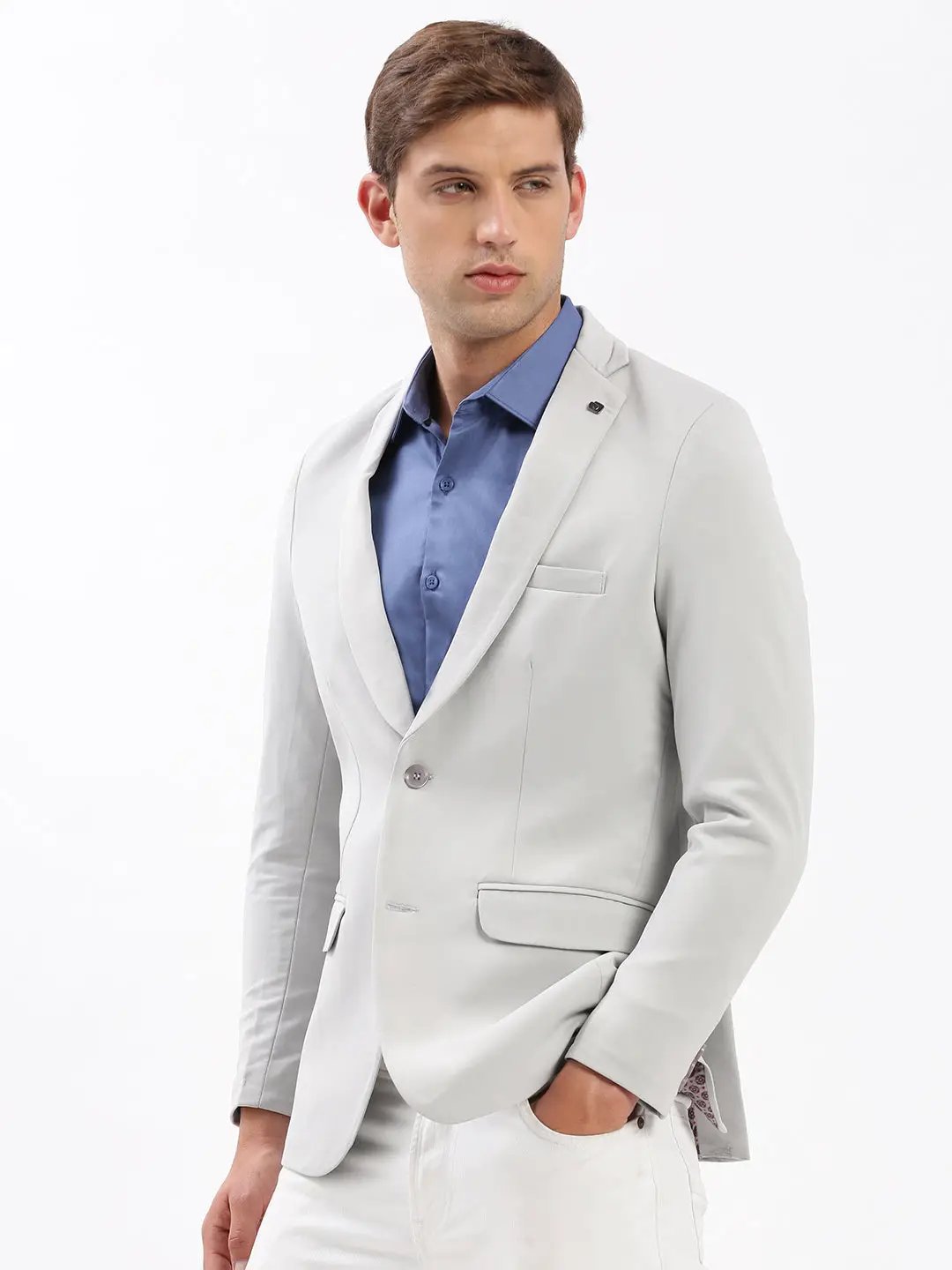 Men's Grey Solid Single Breasted Blazer