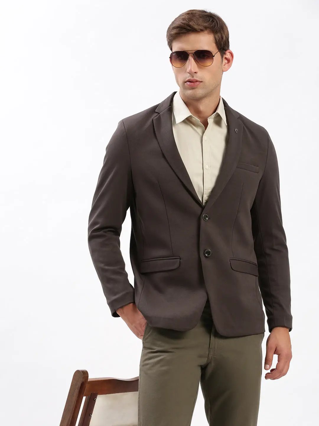 Men's Brown Slim-Fit Notched Lapel Collar Single-Breasted Blazer