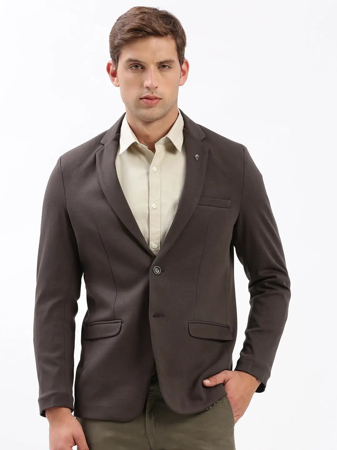 Men's Brown Slim-Fit Notched Lapel Collar Single-Breasted Blazer