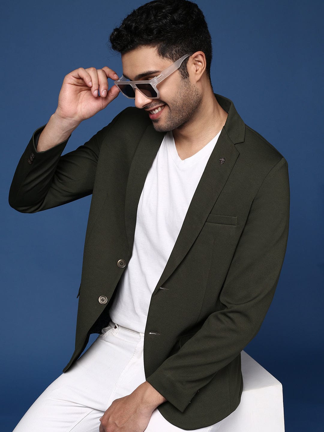 Men's Green Slim Fit Single Breasted Cotton Blazer